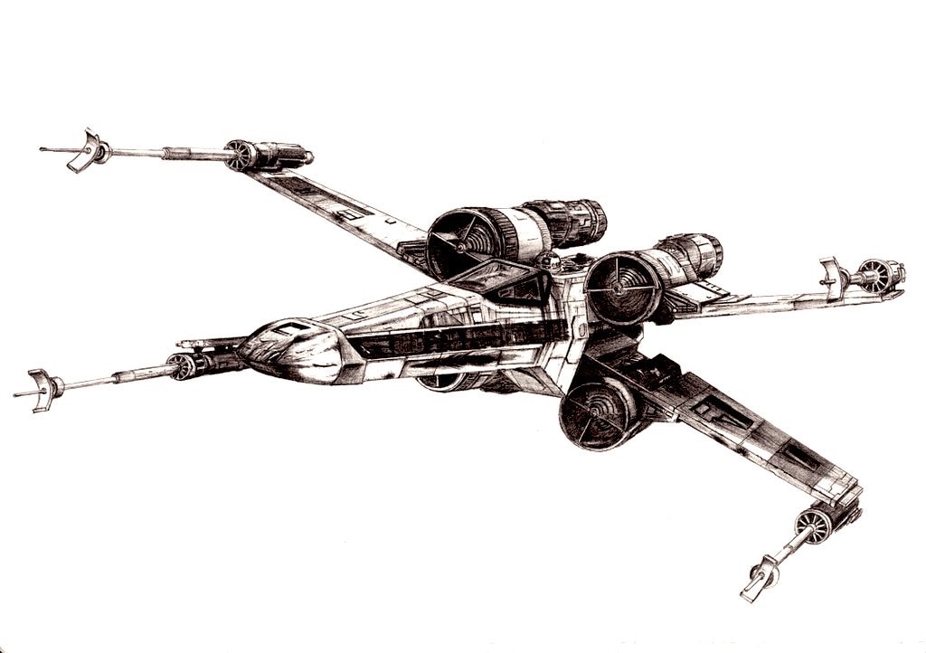 astromech_droid canopy_(aircraft) droid greyscale kibitak monochrome no_humans non-humanoid_robot robot simple_background spacecraft star_wars starfighter t-65_x-wing vehicle_focus white_background x-wing