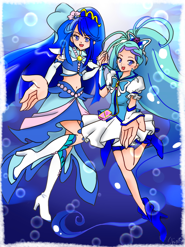 2girls blue_background color_connection cosplay costume_switch crossover cure_aqua cure_aqua_(cosplay) cure_mermaid cure_mermaid_(cosplay) go!_princess_precure kaidou_minami magical_girl minazuki_karen multiple_girls precure sakurashio_(coolmoon) yes!_precure_5 yes!_precure_5_gogo!