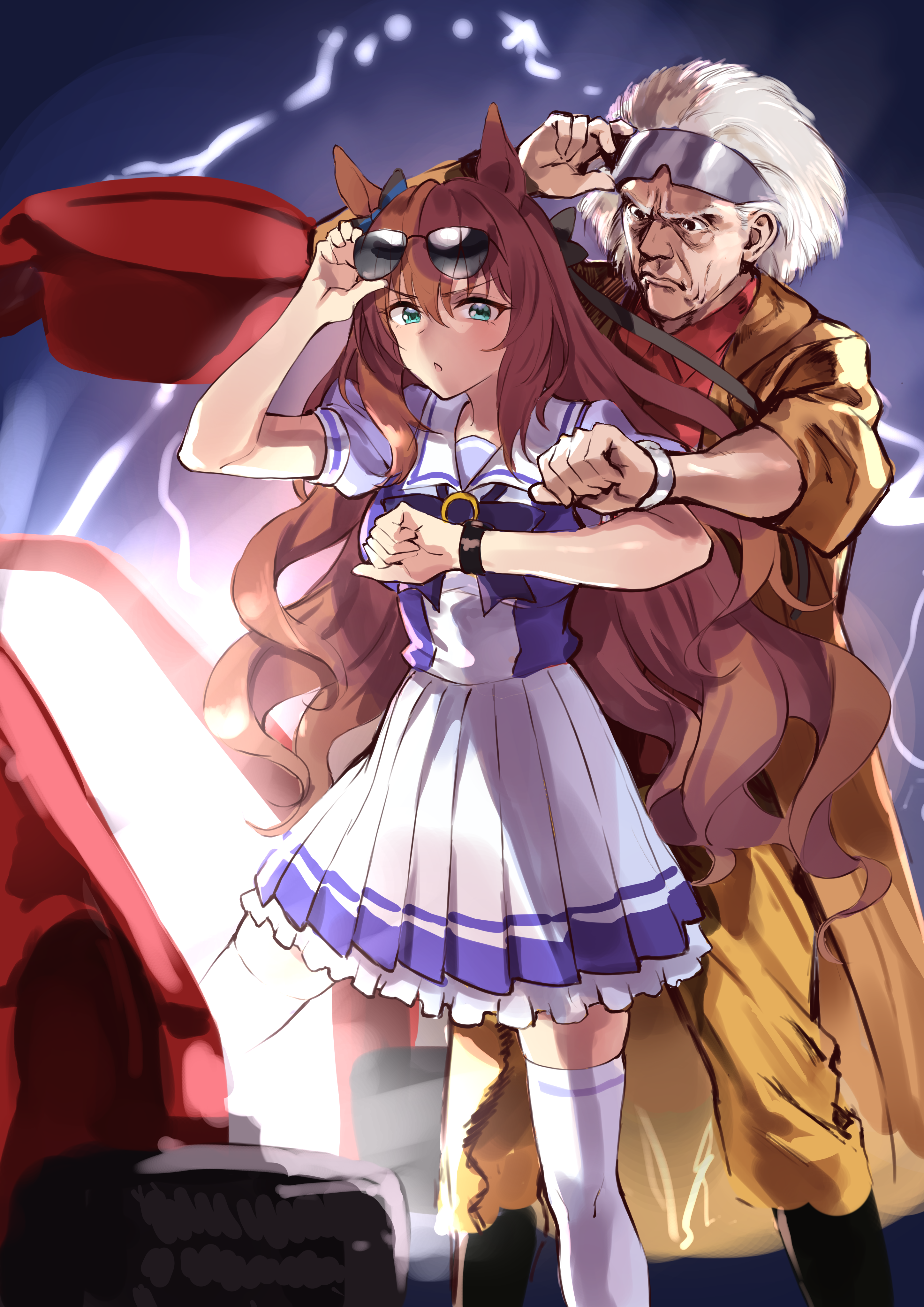 1boy 1girl absurdres adjusting_eyewear animal_ears arm_up back_to_the_future back_to_the_future_part_ii bow bowtie breasts brown_coat brown_hair car closed_mouth coat collared_shirt crossover delorean ear_bow emmett_brown eyewear_on_head frown green_eyes grey_hair hand_up highres horse_ears horse_girl horse_tail long_hair looking_at_viewer maruzensky_(umamusume) medium_breasts motor_vehicle motsunabe_(mo2nap3) open_mouth pants pleated_skirt purple_shirt red_shirt sailor_collar school_uniform shirt short_hair skirt standing summer_uniform sunglasses tail thighhighs tracen_school_uniform umamusume v-shaped_eyebrows watch white_skirt white_thighhighs wristwatch yellow_pants