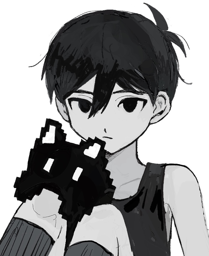 1boy animal antenna_hair bare_shoulders cat closed_mouth collarbone commentary_request empty_eyes feet_out_of_frame hair_behind_ear hair_between_eyes kneehighs male_focus mewo no_pupils omori omori_(omori) sema_(vivaviva_02) short_hair simple_background sitting socks solo tank_top white_background