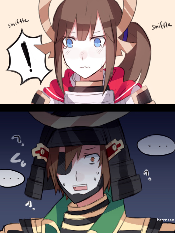 ! ... 2koma armor batensan blue_eyes blush brown_eyes brown_hair cape comic date_masamune date_masamune_(sengoku_musou) hair_ornament helmet heroine_(pokemon_conquest) nintendo open_mouth parted_lips pokemon pokemon_conquest ponytail sengoku_musou sound_effects source_request spoken_ellipsis spoken_exclamation_mark sweatdrop wavy_mouth