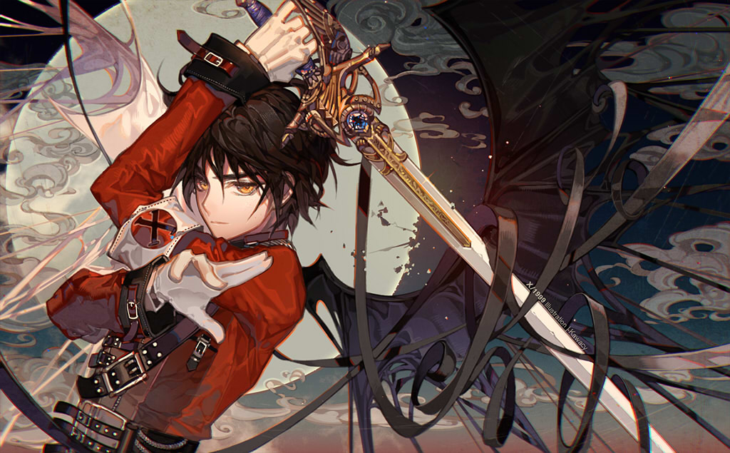 1boy arm_up armband artist_name bat_wings black_hair black_wings buckle closed_mouth cloud copyright_name full_moon glint holding holding_sword holding_weapon hug kawacy long_sleeves looking_at_viewer male_focus military military_uniform moon orange_eyes shirou_kamui smile sword upper_body weapon wings x_(manga)