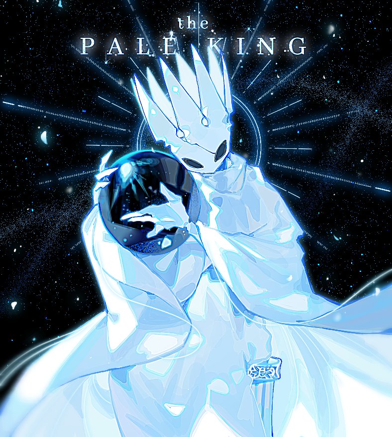1boy character_name colored_skin crown empty_eyes facing_viewer hands_up hollow_knight pale_king_(hollow_knight) rdif_hk robe sitting sky star_(sky) starry_sky stool white_crown white_mask white_robe white_skin wide_sleeves