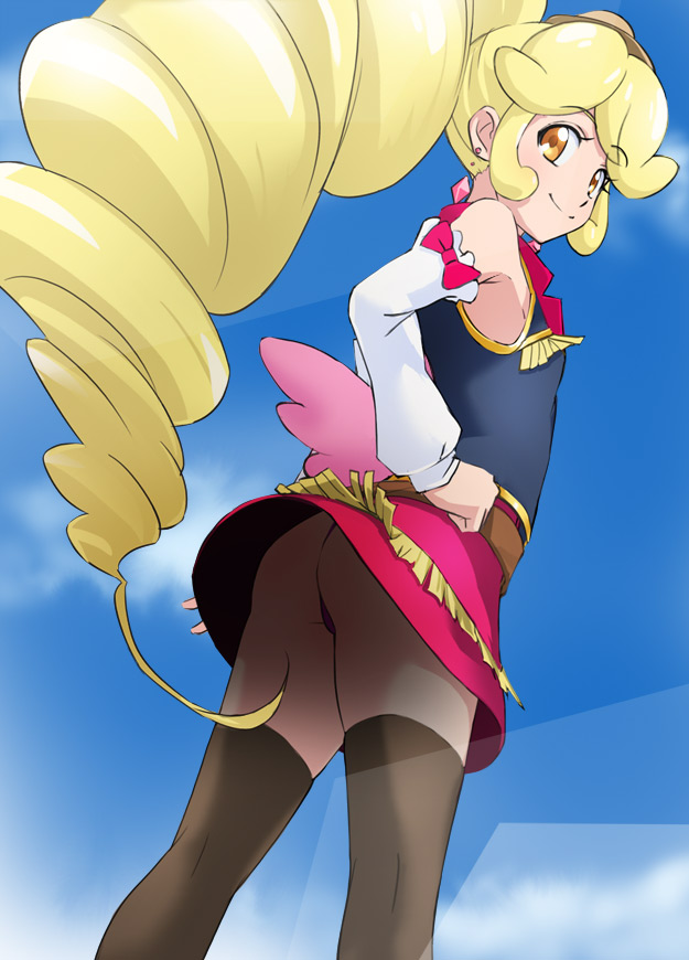 10s 1girl armpits ass bare_shoulders belt black_thighhighs blonde_hair blonde_haired_cure_(bomber_girls_precure)_(happinesscharge_precure!) blue_background blue_sky bomber_girls_precure bow brown_eyes day detached_sleeves drill_hair earrings female_focus flat_chest fringe_trim from_behind hand_on_own_hip happinesscharge_precure! haruyama_kazunori hat jewelry light_smile long_hair looking_at_viewer looking_back mini_hat miniskirt panties pantyshot ponytail precure purple_panties skirt sky smile solo string_panties thighhighs thong underwear upskirt wings