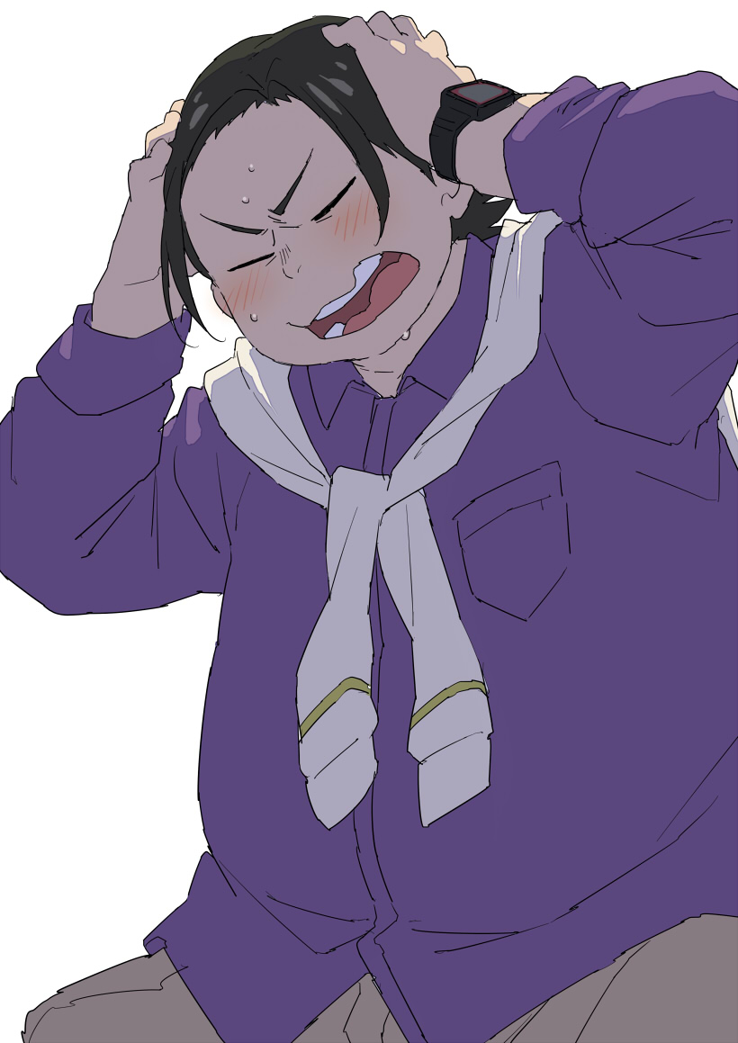 1boy bara blush breast_pocket closed_mouth fat forehead grey_pants honda_yutaka jacket_around_neck male_focus open_mouth pants pocket purasu_no_konbu purple_shirt scared shirobako shirt short_hair simple_background sitting white_background