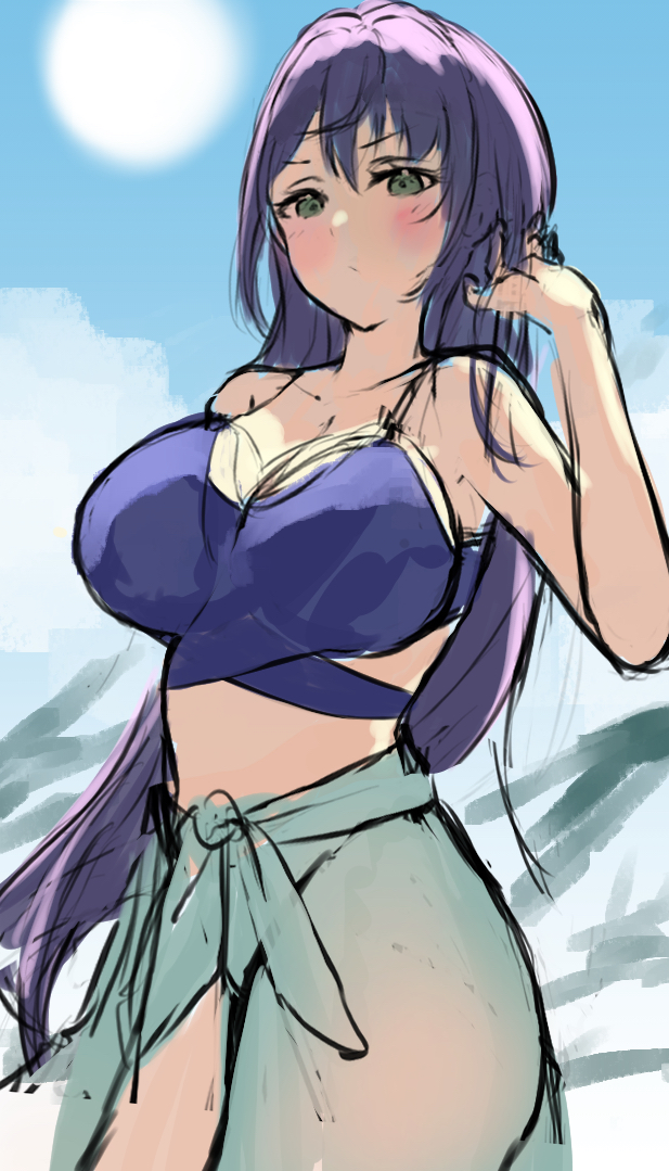 1girl :/ aqua_sarong bikini blue_bikini blue_sky blush breasts cleavage closed_mouth collarbone cowboy_shot green_eyes half-closed_eyes hand_up large_breasts link!_like!_love_live! long_hair looking_at_viewer love_live! official_alternate_costume official_alternate_hairstyle otomune_kozue otomune_kozue_(swimsuit) purple_hair sarong sidelocks sketch sky solo sun swimsuit syoma_(1026syoma)