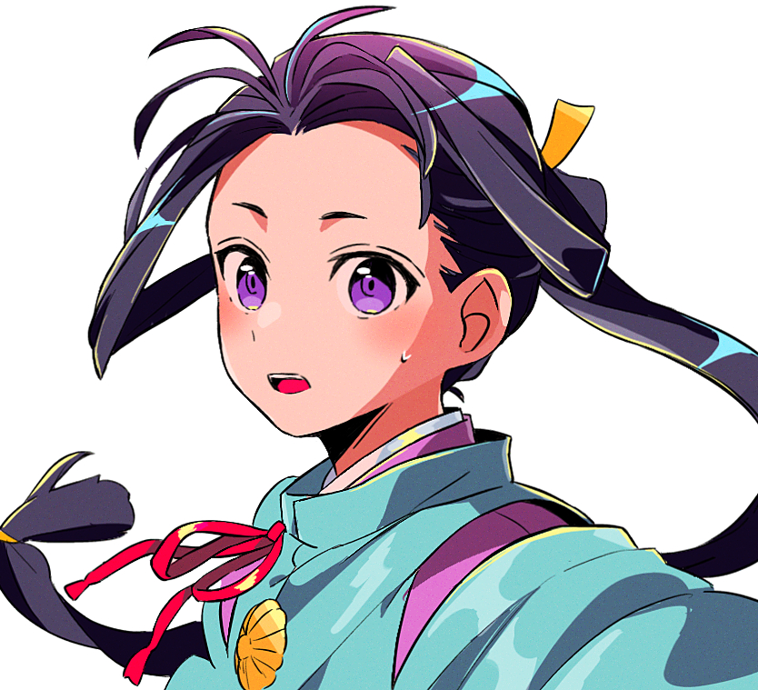 1boy bow floating_hair hair_tie houjou_tokiyuki_(nige_jouzu_no_wakagimi) japanese_clothes kariginu long_hair long_sleeves looking_at_viewer low-tied_long_hair male_focus nige_jouzu_no_wakagimi open_mouth purple_eyes sanamaru_(sana79261827) sidelocks_tied_back simple_background small_sweatdrop solo teeth upper_teeth_only very_long_hair white_background