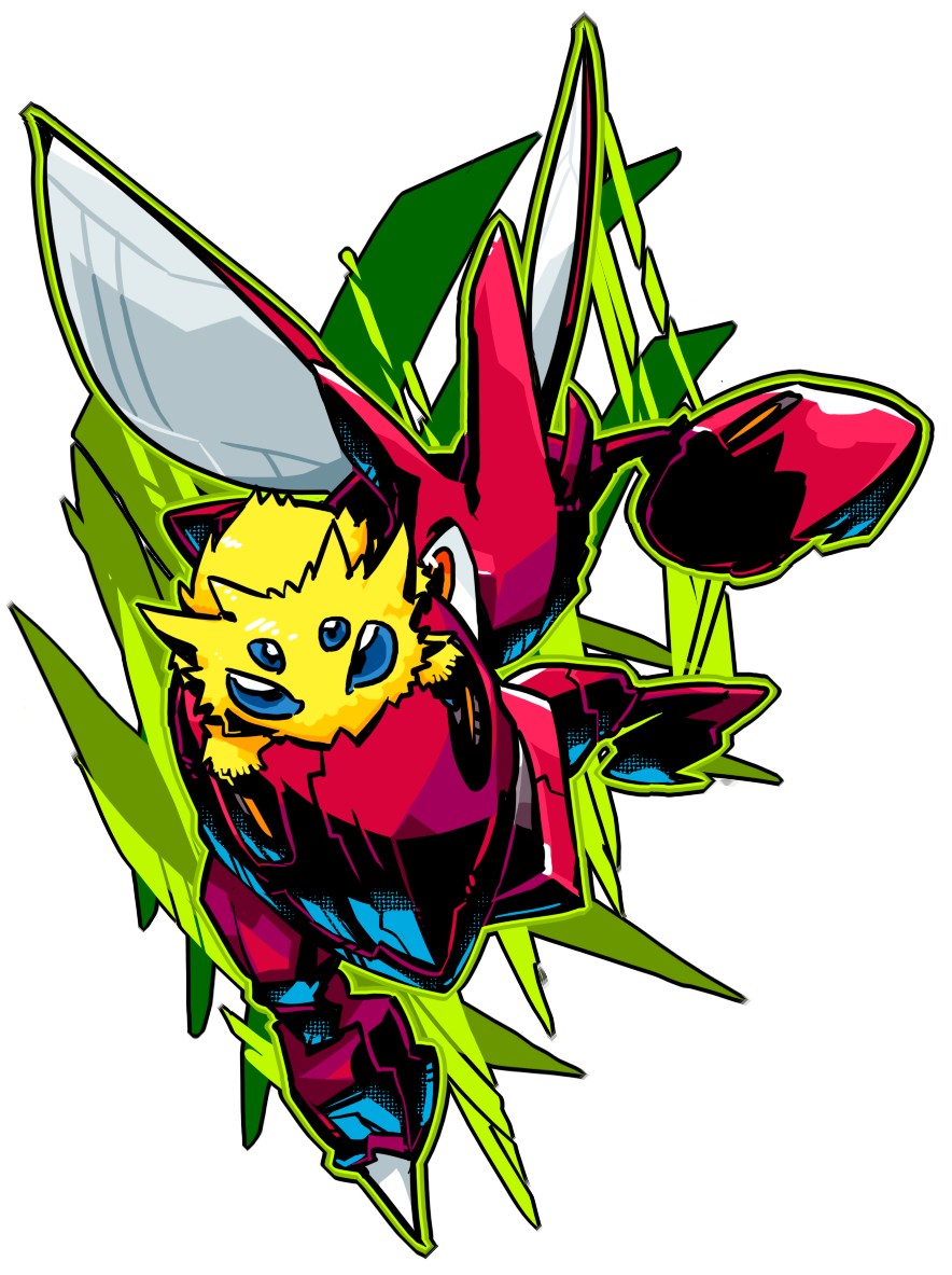 blue_eyes claws creature fighting_stance gen_2_pokemon gen_5_pokemon joltik looking_at_viewer nintendo no_humans orange_eyes pokemon pokemon_(creature) scizor sido_(slipknot) simple_background white_background
