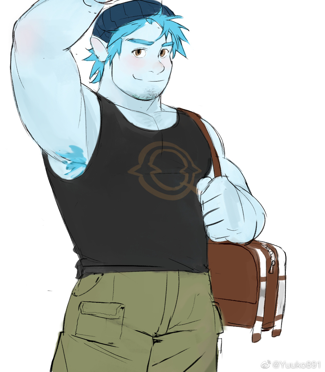 1boy arm_up armpit_hair armpits bag bara barley_lightfoot beanie black_tank_top blue_hair blue_skin blush colored_skin facial_hair feet_out_of_frame goatee_stubble hat large_pectorals looking_at_viewer male_focus muscular muscular_male onward pectoral_cleavage pectorals pointy_ears presenting_armpit short_hair shoulder_bag smile solo standing stubble tank_top thick_eyebrows yuuko_(yuuko891)
