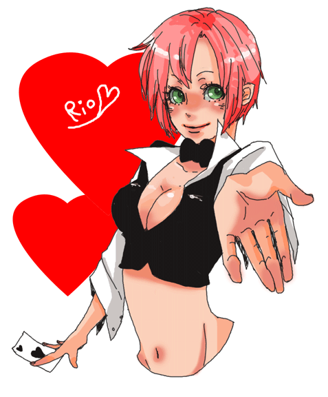 1girl bad_id bad_pixiv_id croupier female_focus green_eyes pink_hair rio_rollins short_hair solo super_blackjack ten ten_(ch)