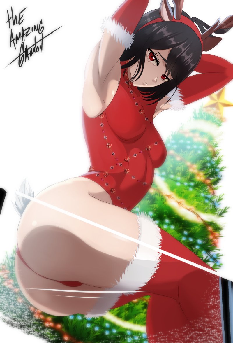 1girl against_glass animal_costume animal_ears antlers armpits ass ass_press black_clover black_hair breasts christmas christmas_ornaments christmas_tree closed_mouth glass_table horns panties red_eyes reindeer_antlers reindeer_costume reindeer_hair_ornament reindeer_hat secre_swallowtail short_hair small_breasts solo table tagme tail the_amazing_gambit underwear