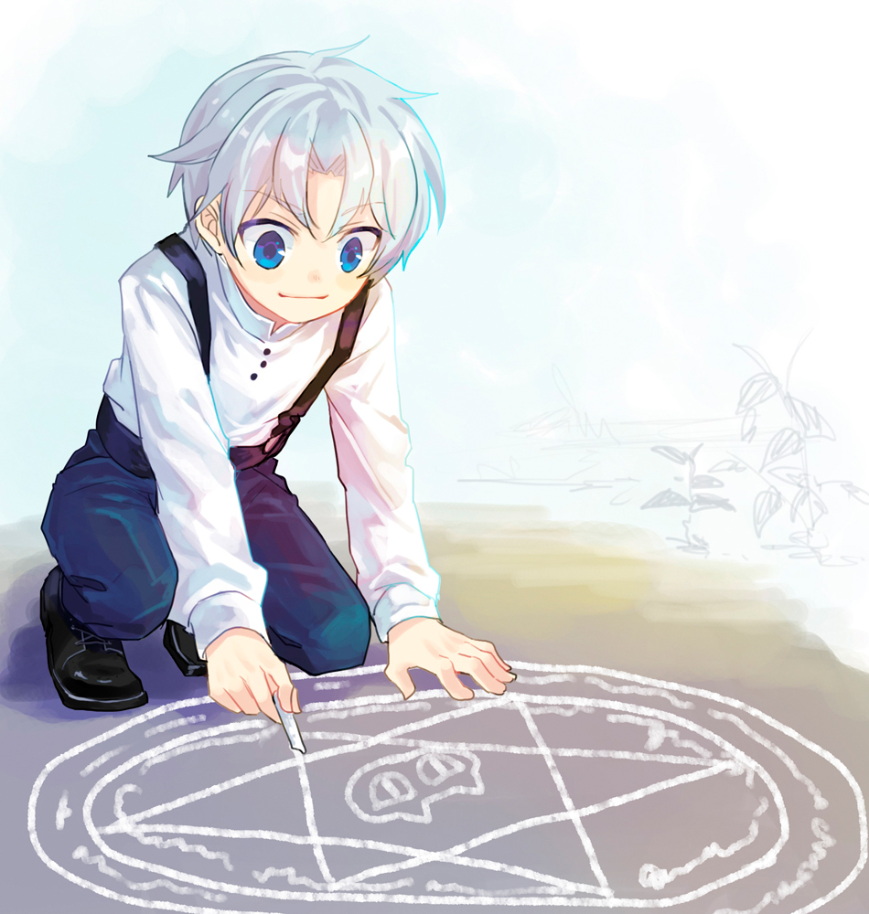 1boy black_shoes blue_eyes blue_pants chalk_drawing child closed_mouth commentary_request dirt drawing_(action) kuroda_(kuro_yyy) madou_monogatari madou_monogatari_ars magic_circle male_focus outdoors pants plant puyopuyo schezo_wegey shirt shoes short_hair smile solo squatting suspenders white_hair white_shirt