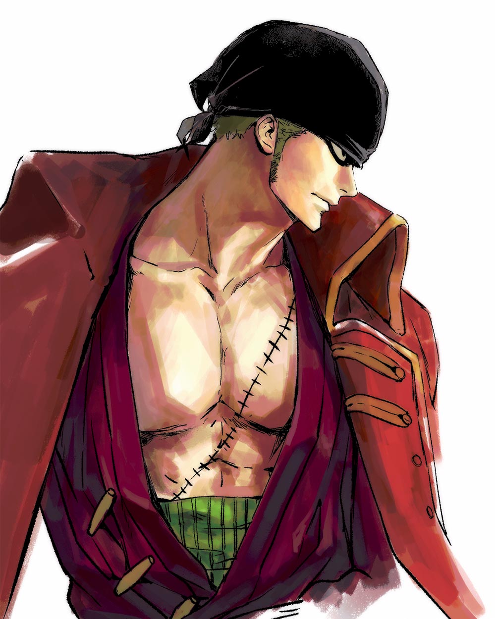 1boy bandana chief_(chiefvinsmoke) coat coat_on_shoulders collared_coat commentary_request green_hair haramaki highres japanese_clothes kimono korean_commentary male_focus one_piece one_piece_film:_z red_coat red_kimono roronoa_zoro short_hair sideburns simple_background solo stitched_torso stitches upper_body white_background