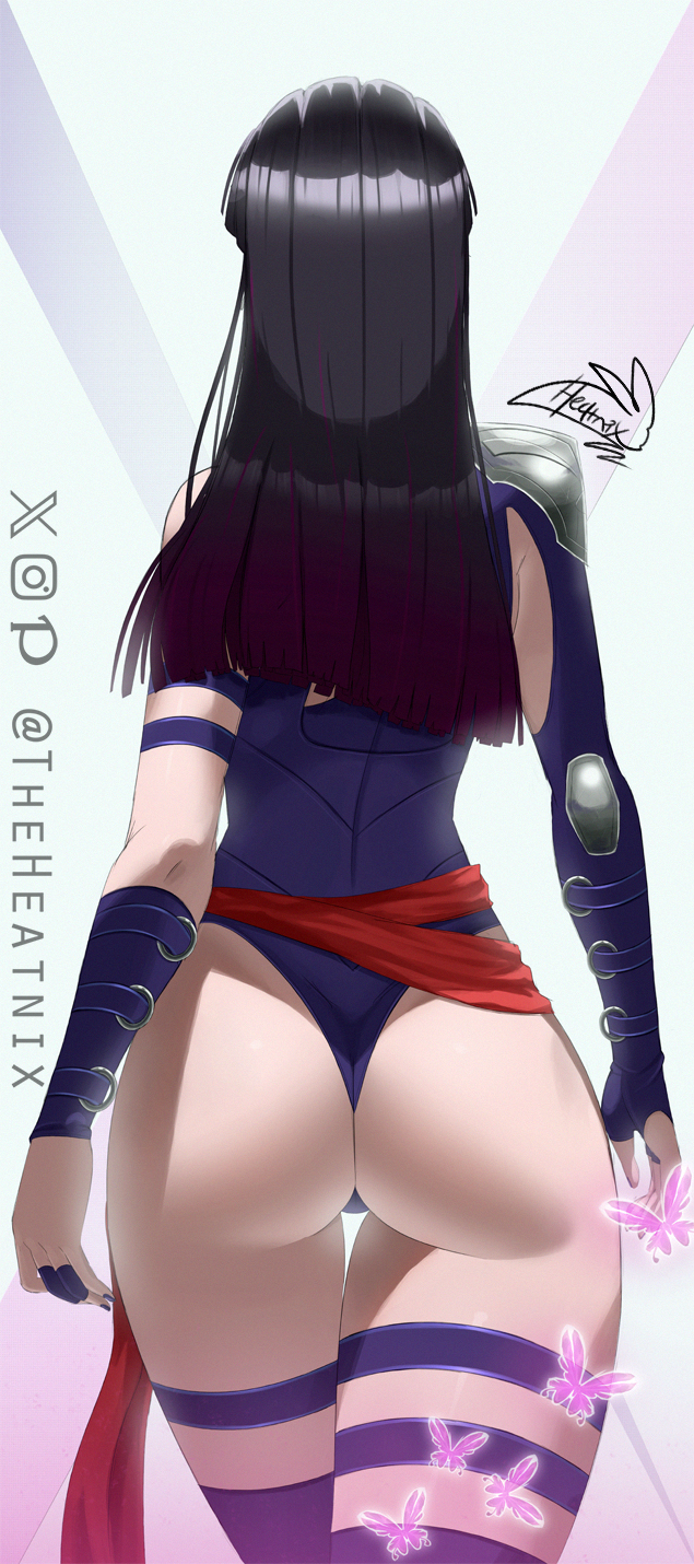 1girl armor artist_name ass ass_focus black_hair blunt_ends bug butterfly curvy facing_away from_behind highleg highleg_leotard highres huge_ass insect leotard long_hair marvel marvel_rivals psylocke purple_butterfly purple_leotard purple_nails purple_thighhighs red_sash revealing_clothes sash shiny_skin shoulder_armor signature simple_background solo theheatnix thigh_strap thighhighs thong_leotard white_background wide_hips x-men