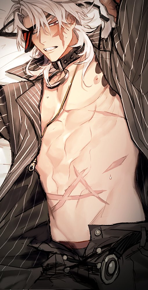 1boy 5_(femfamme) abs alchemy_stars belt black_pants black_shirt blush choker collared_shirt cowboy_shot eyepatch facial_scar jewelry male_focus male_underwear multiple_scars necklace nipples o-ring o-ring_choker one_eye_covered open_belt open_clothes open_fly open_shirt pants pectorals pinstripe_pattern pinstripe_shirt red_eyes scar scar_across_eye scar_on_cheek scar_on_face shirt solo striped taki_(alchemy_stars) toned toned_male underwear white_hair white_stripes