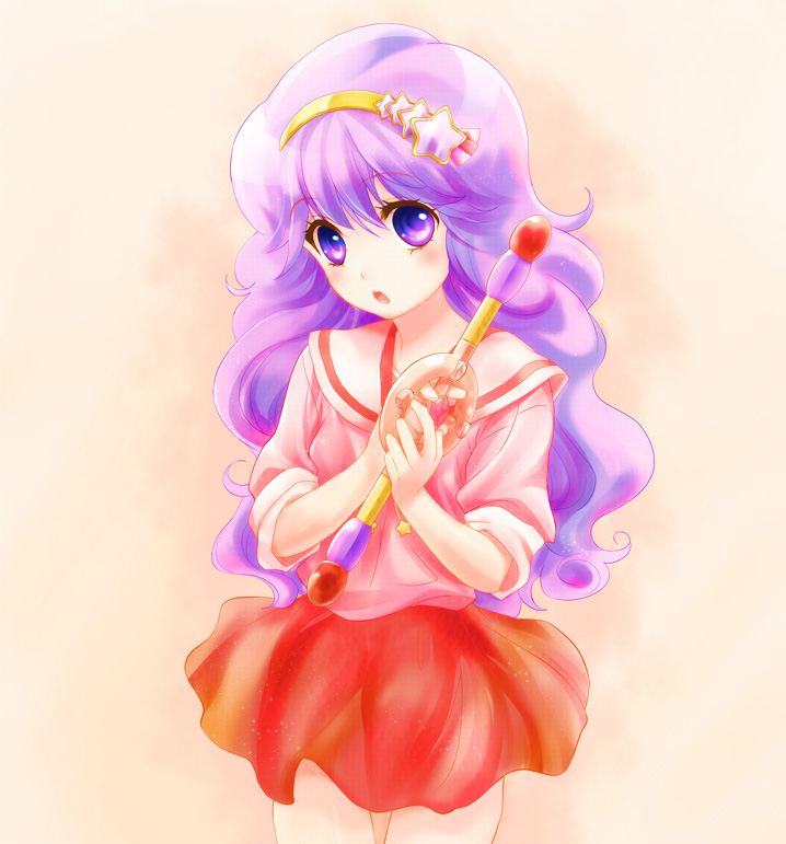 1girl bad_id bad_pixiv_id dress female_focus hairband hayami_persia iizuka_ena long_hair mahou_no_yousei_persia persia_(mahou_no_yousei_persia) purple_eyes purple_hair red_dress red_skirt shirt skirt sleeves_rolled_up solo star_(symbol) wand