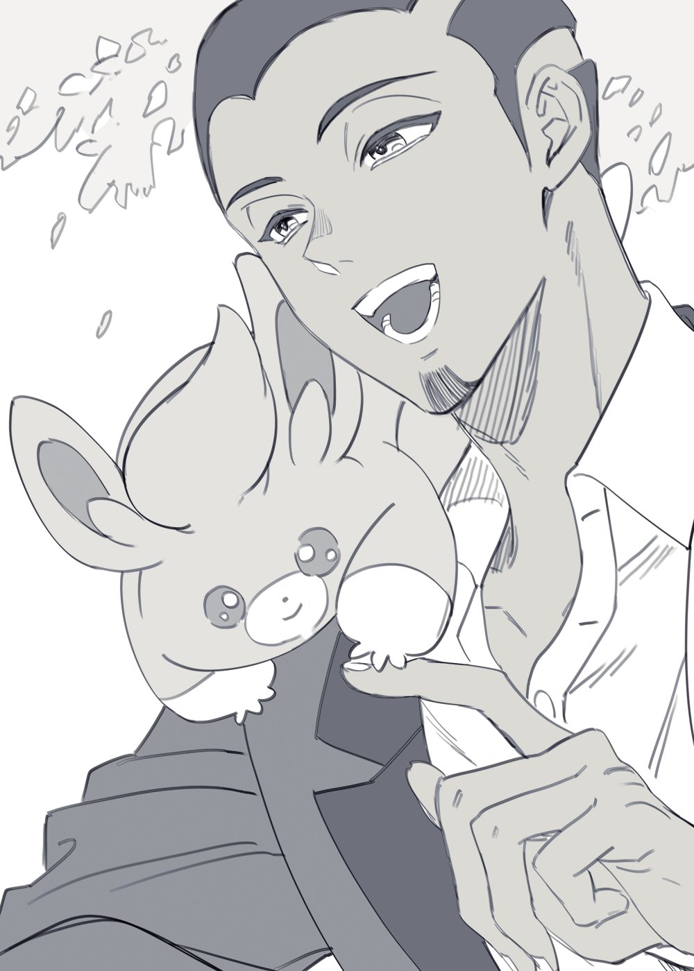 1boy arm_up collared_shirt commentary_request dark-skinned_male dark_skin greyscale hair_tuft highres index_finger_raised jacket layered_clothes long_sleeves male_focus monochrome nintendo on_shoulder open_mouth pawmi pokemon pokemon_(creature) pokemon_on_shoulder pokemon_sv salvatore_(pokemon) shirt short_hair solo teeth upper_body very_short_hair wing_collar wokome