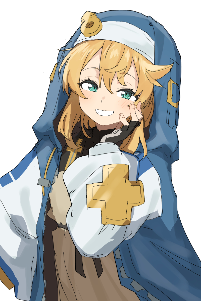 1boy black_gloves blonde_hair blush bridget_(guilty_gear) clenched_teeth fingerless_gloves gazacy_(dai) gloves green_eyes guilty_gear guilty_gear_strive highres long_hair long_sleeves looking_at_viewer male_focus nun simple_background smile solo teeth trap white_background