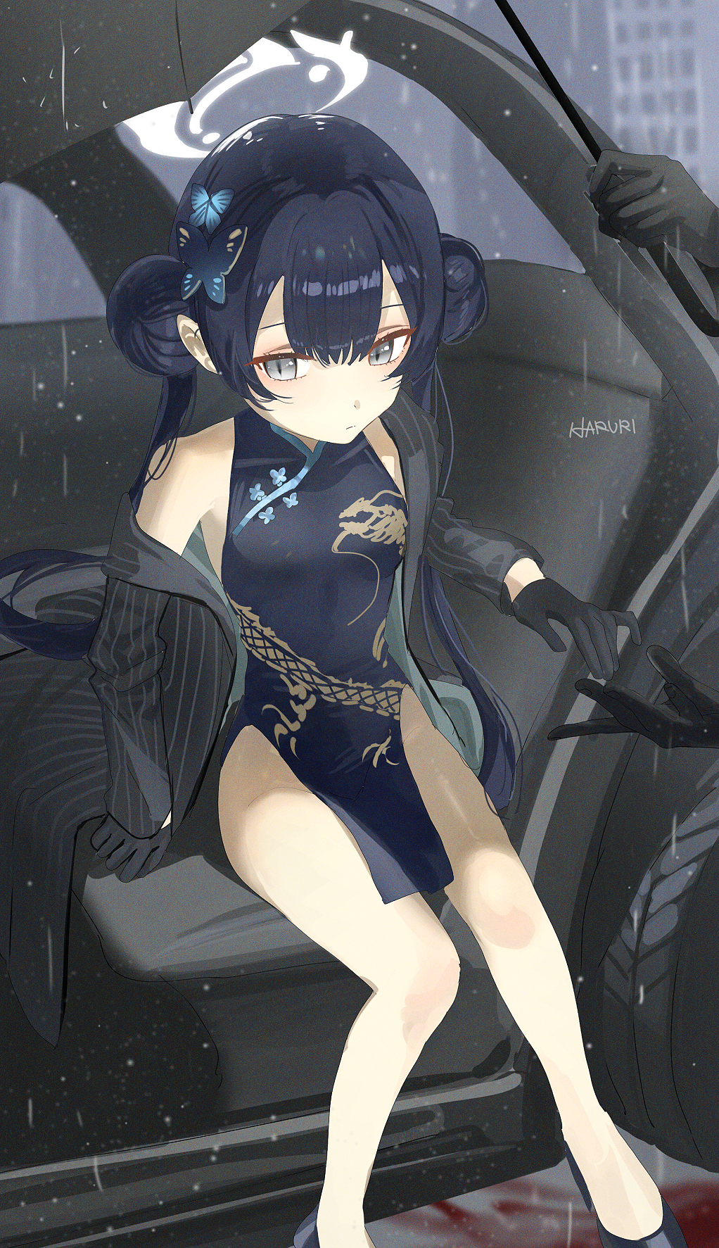 1girl 1other artist_name black_dress black_footwear black_hair blue_archive breasts butterfly_hair_ornament car china_dress chinese_clothes closed_mouth coat double_bun dragon_print dress grey_coat grey_eyes grey_halo hair_bun hair_ornament halo haruri high_heels highres kisaki_(blue_archive) long_hair motor_vehicle open_clothes open_coat signature small_breasts solo_focus striped_clothes striped_coat twintails vertical-striped_clothes vertical-striped_coat