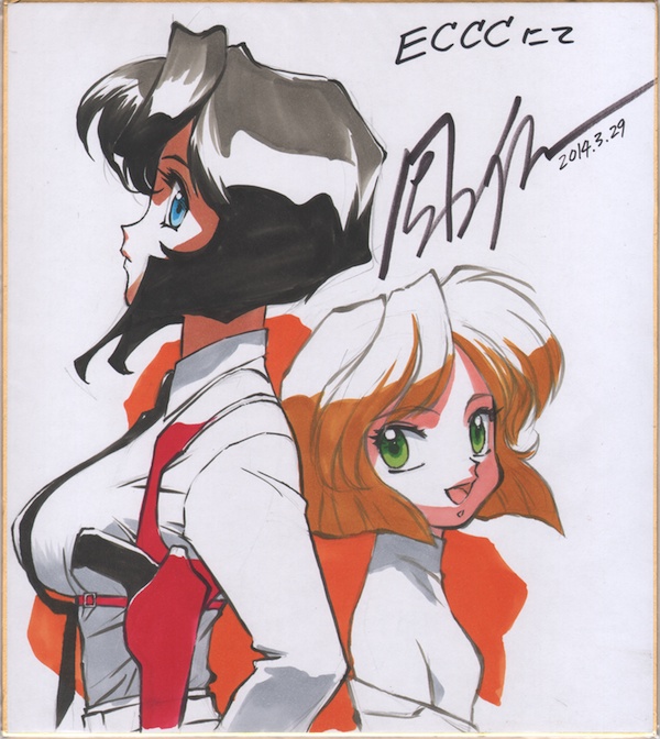 2girls :d artist_name back-to-back belt black_hair black_necktie blonde_hair blue_eyes blunt_ends bob_cut breasts closed_mouth collared_shirt dated dress_shirt expressionless eyelashes from_side green_eyes gun gunsmith_cats handgun hands_on_own_hips height_difference holster holstered inverted_bob jacket looking_at_viewer looking_to_the_side marker_(medium) medium_breasts minnie_may_hopkins multiple_girls necktie off_shoulder official_art open_mouth orange_background pants rally_vincent scan shikishi shirt short_hair shoulder_holster sidelocks signature small_breasts smile sonoda_ken&#039;ichi standing swept_bangs traditional_media two-tone_background upper_body weapon white_background white_belt white_jacket white_pants white_shirt