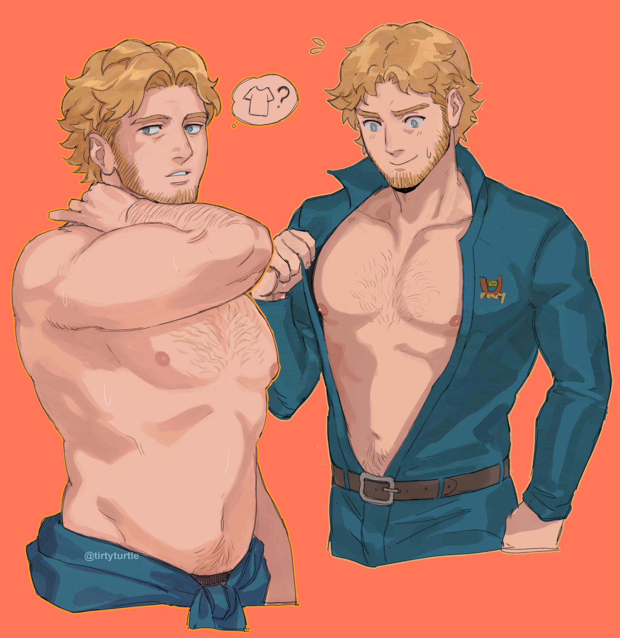 1boy arm_hair bara bare_pectorals beard belt blonde_hair blue_eyes collarbone commentary cropped_legs curly_(mouthwashing) curly_(pre-crash)_(mouthwashing) facial_hair hand_on_own_neck highres jumpsuit male_focus male_underwear male_underwear_peek mouthwashing multiple_views navel navel_hair nipples orange_background parted_lips pectorals short_hair sparse_chest_hair spoilers stomach tirtyturtle topless_male twitter_username underwear