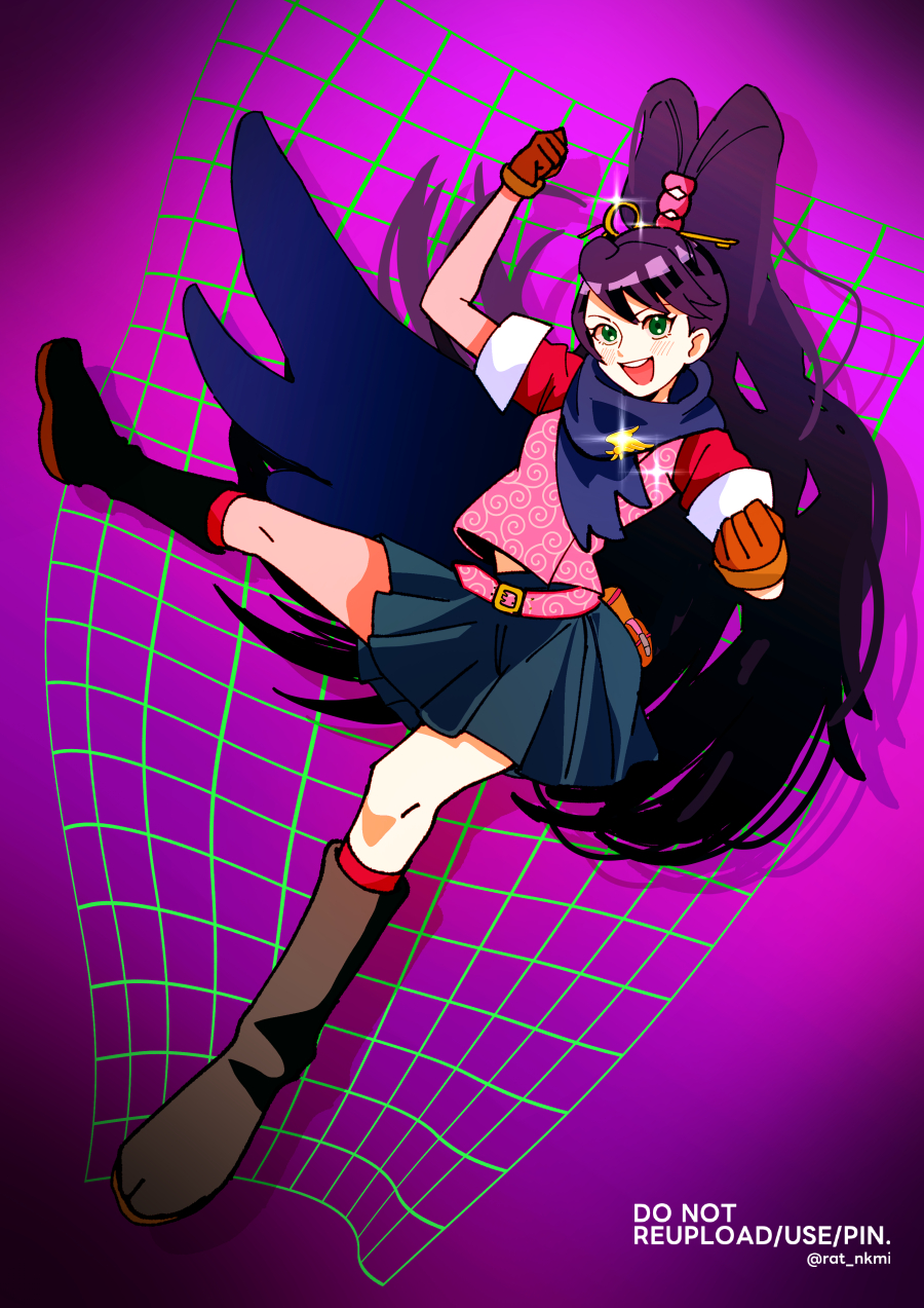 1girl :d ace_attorney ace_attorney_investigations black_hair blush boots brown_boots clenched_hands gloves green_eyes high_ponytail highres karakusa_(pattern) kay_faraday key_hair_ornament long_hair looking_at_viewer open_mouth ponytail purple_background rat_nkmi scarf skirt smile solo teeth twitter_username upper_teeth_only very_long_hair