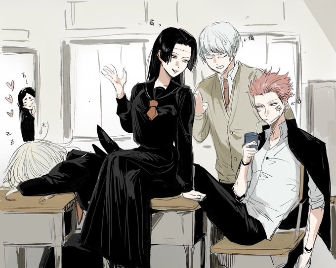 2boys 3girls black_hair desk fallsoki feet_on_table genderswap genderswap_(mtf) jacket juice_box jujutsu_kaisen kenjaku multiple_boys multiple_girls on_desk open_clothes open_jacket pink_hair ryoumen_sukuna_(jujutsu_kaisen) school_uniform sitting sleeping tengen_(jujutsu_kaisen) uraume_(jujutsu_kaisen) white_hair yorozu_(jujutsu_kaisen)