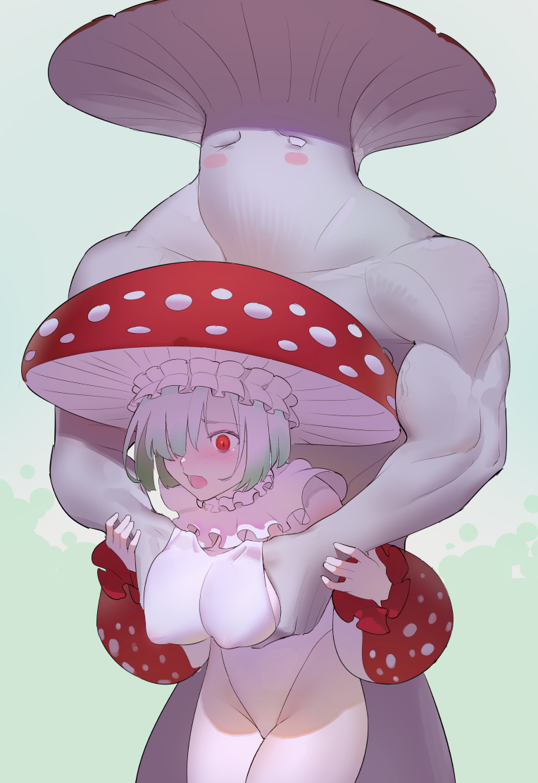 1boy 1girl 1other bad_id bad_pixiv_id blush breasts check_copyright commentary copyright_request covered_erect_nipples cowboy_shot dark_souls_(series) dark_souls_i fly_agaric grabbing_another&#039;s_breast groping hair_over_one_eye large_breasts leotard muscular mushroom mushroom_girl mushroom_hat mushroom_parent neck_ruff open_mouth original red_eyes short_hair sideboob timbougami white_hair white_leotard