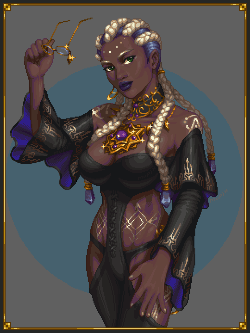 1girl bodypaint braid braided_ponytail breasts collar curvy dark-skinned_female dark_skin dolores_(kof) female_focus glasses gold green_eyes jewelry long_hair long_sleeves multicolored_hair mupix mupixl panties pixel_art purple_hair revealing_clothes round_eyewear standing the_king_of_fighters thick_lips thick_thighs thighs toned toned_female two-tone_hair underwear very_dark_skin white_hair wide_hips