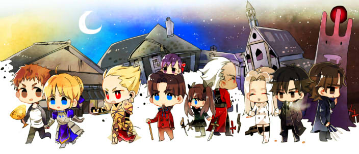 4girls 6+boys aged_down archer_(fate) artoria_pendragon_(fate) carnival_phantasm chalice chibi child crescent_moon cup emiya_kiritsugu emiya_shirou fate/stay_night fate/zero fate_(series) gilgamesh_(fate) grail-kun house irisviel_von_einzbern kotomine_kirei matou_sakura matou_sakura_(fate/zero) moon multiple_boys multiple_girls on_head orbe person_on_head saber_(fate) tohsaka_rin tohsaka_rin_(fate/zero) tohsaka_tokiomi