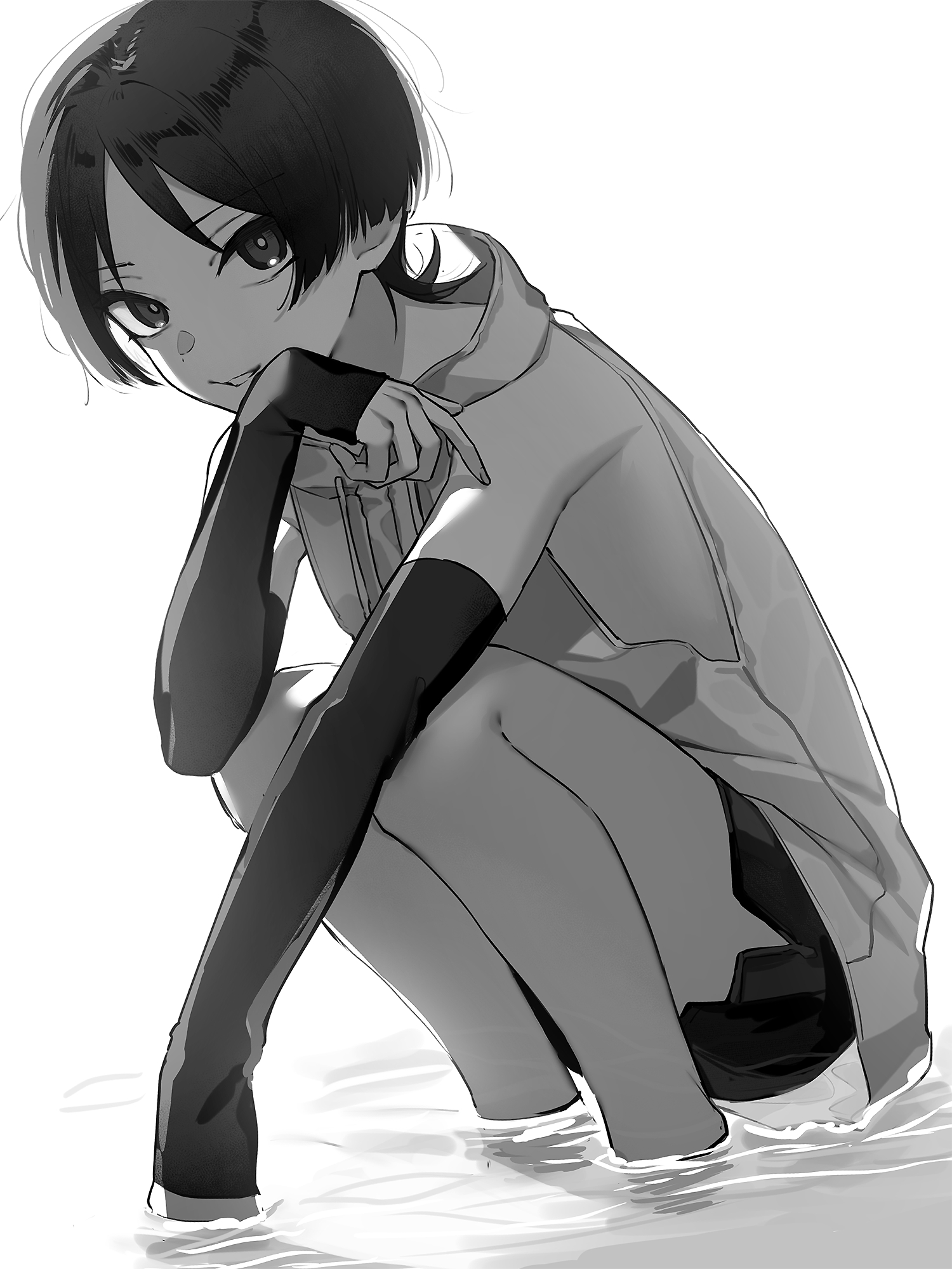1boy arm_on_knee arm_warmers black_arm_warmers blunt_ends buku2_suisou curled_fingers genshin_impact highres jacket looking_at_viewer male_focus monochrome parted_bangs parted_lips scaramouche_(genshin_impact) shorts sleeveless sleeveless_jacket smile solo squatting white_background
