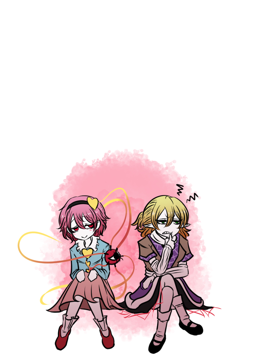 2girls arm_warmers biting biting_own_thumb black_hairband black_shoes black_skirt blonde_hair blue_shirt brown_shirt buttons closed_mouth commentary_request full_body green_eyes hair_ornament hairband half_updo heart heart_button heart_hair_ornament highres komeiji_satori long_sleeves looking_afar looking_at_another looking_to_the_side mary_janes mizuhashi_parsee multiple_girls pink_hair pink_skirt pointy_ears red_eyes red_shoes sash scarf sei_no_ji shirt shoes short_hair short_sleeves sitting skirt smile socks third_eye touhou white_background white_sash white_scarf white_socks