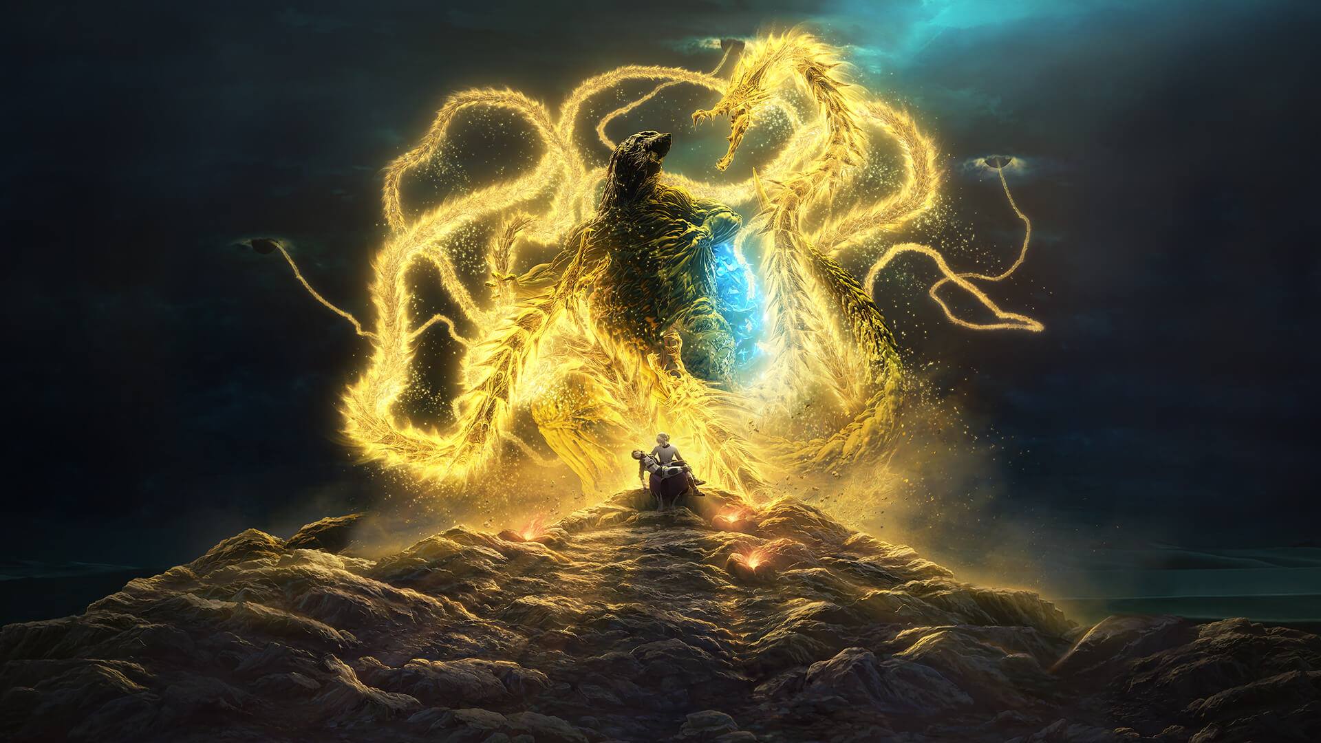 2boys alien armor blue_hair conjoined electricity_elemental elemental_(creature) embers energy energy_being epic exif extradimensional_being giant giant_monster glowing godzilla godzilla:_the_planet_eater godzilla_(series) godzilla_earth hazmat_suit highres kaiju king_ghidorah light_elemental lightning_elemental metphies military military_uniform monster movie_poster multiple_boys official_art polygon_pictures sakaki_haruo space_monster spacesuit storm tactical_clothes toho