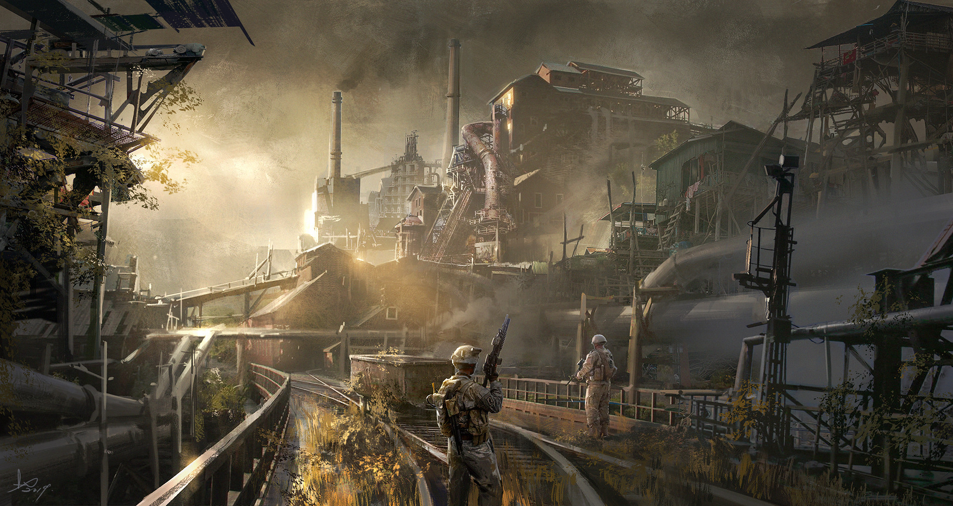 2boys abandoned absurdly_detailed_composition american_flag assault_rifle building chinese_commentary complex_exterior dawn factory from_behind grass gun helmet highres holding holding_gun holding_weapon house industrial_pipe ladder laundry ling_xiang male_focus military military_uniform mine_cart multiple_boys original outdoors pipeline railing railroad_tracks rifle ruins signature smokestack soldier sunlight walking weapon