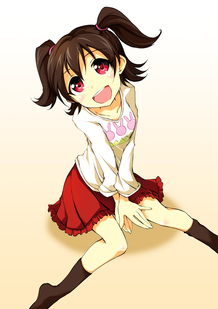 10s 1girl :d akagi_miria black_hair blush female_focus idolmaster idolmaster_cinderella_girls kurinton looking_at_viewer open_mouth short_hair sitting skirt smile solo twintails two_side_up