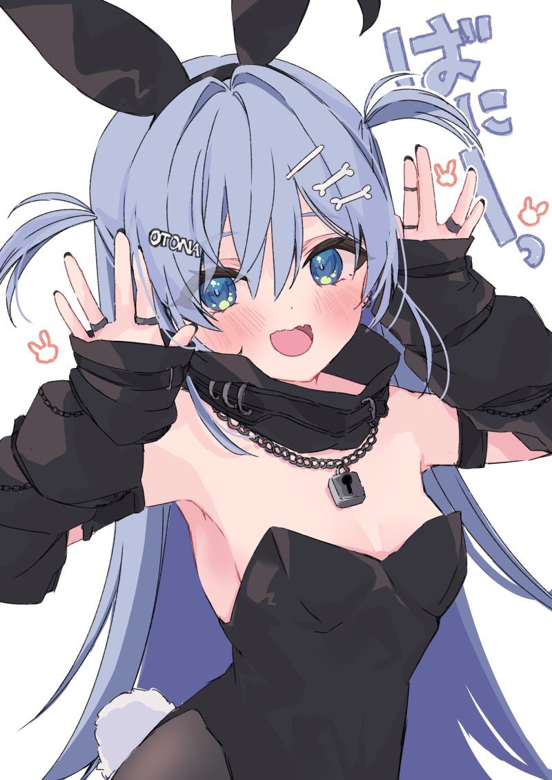 1girl animal_ear_hairband animal_ears black_leotard black_nails blue_eyes blue_hair blush bone_hair_ornament chain chain_necklace detached_collar detached_sleeves fake_animal_ears hair_intakes hair_ornament hairband hairpin jewelry leotard lock lock_necklace long_hair looking_at_viewer moizumi_shipon multiple_hairpins multiple_rings necklace open_hand open_mouth pantyhose playboy_bunny rabbit_ears rabbit_tail ring simple_background solo tail two_side_up upper_body virtual_youtuber vspo! white_background yano_kuromu