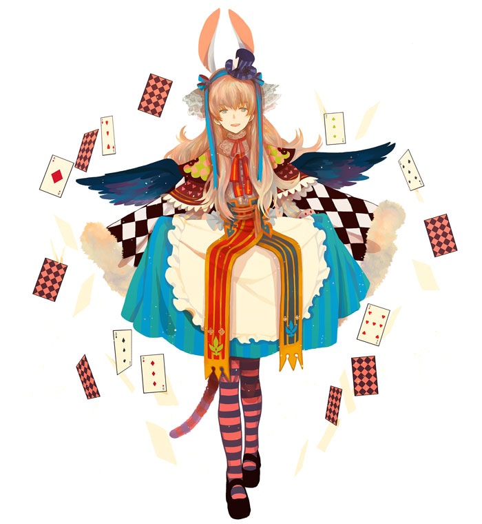 1girl alice&#039;s_adventures_in_wonderland black_shoes capelet card diamond_card dress female_focus floating_card heart_card mary_janes okazaki_oka original pantyhose patterned_legwear pink_pantyhose playing_card purple_pantyhose shoes solo spade_card striped_clothes striped_pantyhose tail wings