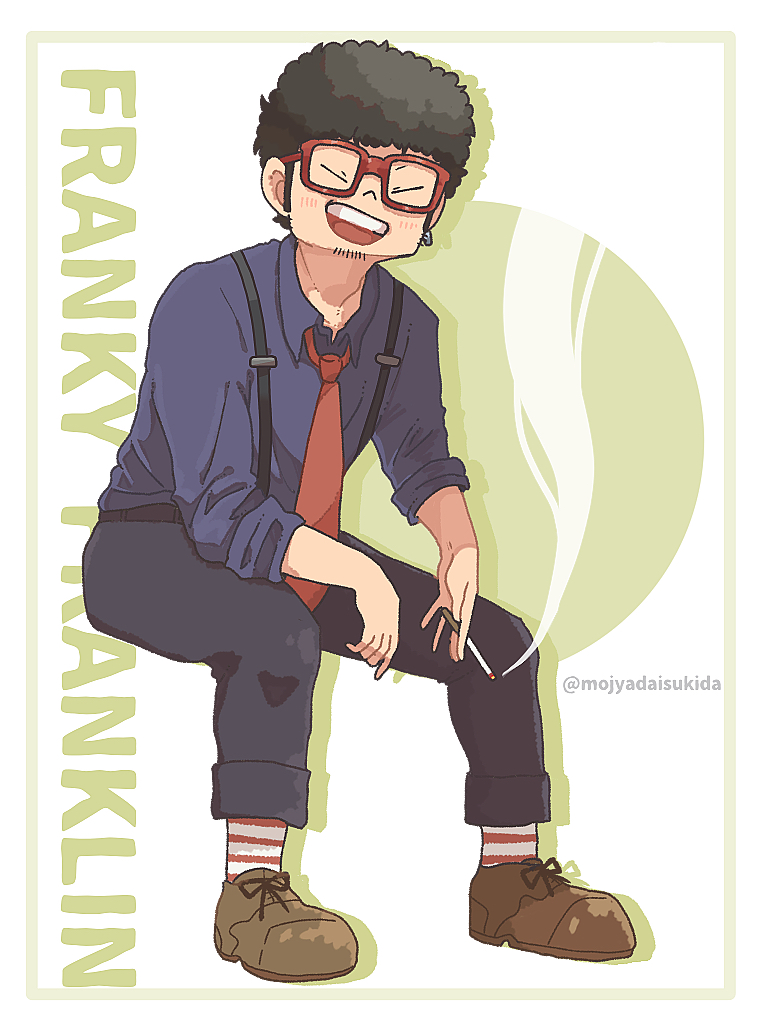 1boy afro beard_stubble black_hair black_pants blue_shirt blush brown_shoes character_name cigarette closed_eyes earrings facial_hair facing_viewer franky_franklin full_body glasses holding holding_cigarette invisible_chair jewelry necktie ouka_(gegege_853suki) pants red-framed_eyewear red_necktie shirt shoes sideburns single_earring sitting smoke socks spy_x_family striped_clothes striped_socks stubble suspenders twitter_username