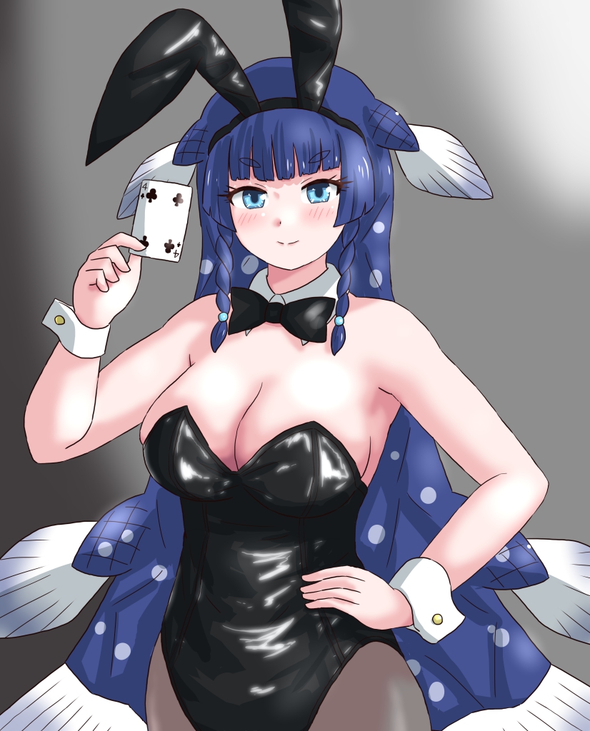 1girl alternate_costume animal_ears bare_shoulders black_bow black_bowtie black_leotard black_pantyhose blue_eyes blue_hair blunt_bangs blush bow bowtie braid card coelacanth_(kemono_friends) detached_collar fake_animal_ears fins fish_girl head_fins holding holding_card kemono_friends leotard long_hair looking_at_viewer mukouyama_mu multicolored_hair pantyhose playboy_bunny playing_card rabbit_ears side_braid smile solo strapless strapless_leotard white_hair wrist_cuffs
