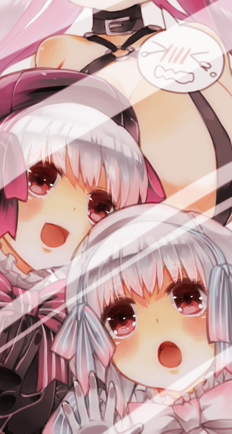 10s 3girls alice_(fate) braid breasts fate/extra fate/extra_ccc fate_(series) hat head_out_of_frame highres multiple_girls nursery_rhyme_(fate) nursery_rhyme_(fate/grand_order) passionlip_(fate) red_eyes tamaki_(glass_bottle) twin_braids white_hair