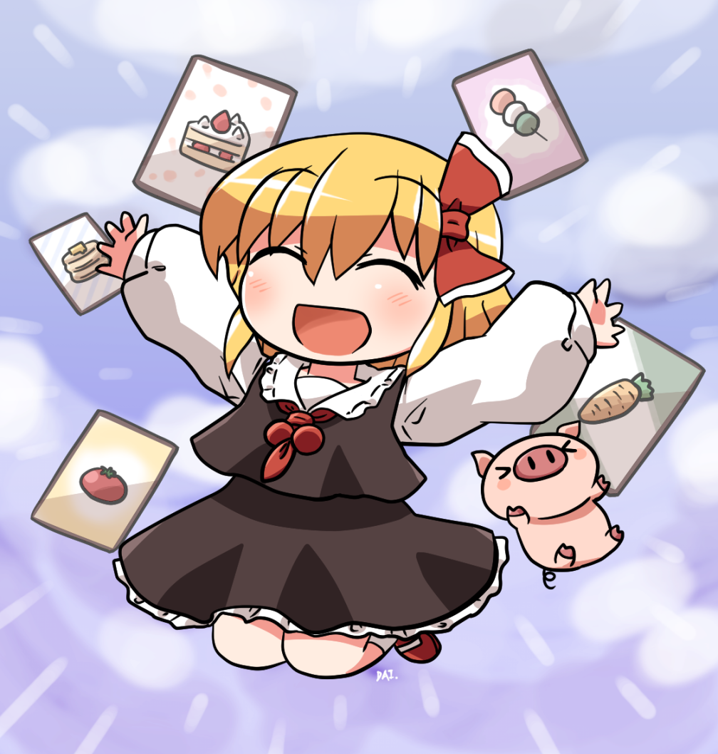 &gt;_&lt; 1girl :d ^_^ ability_card_(touhou) ascot black_skirt black_vest blonde_hair bow cake cake_slice card carrot closed_eyes commentary_request dango facing_viewer food full_body hair_between_eyes hair_bow legs_up long_sleeves open_mouth pancake pig red_ascot red_bow red_shoes rokugou_daisuke rumia sanshoku_dango shirt shoes short_hair signature skirt smile socks tomato touhou touhou_cannonball vest wagashi white_shirt white_socks