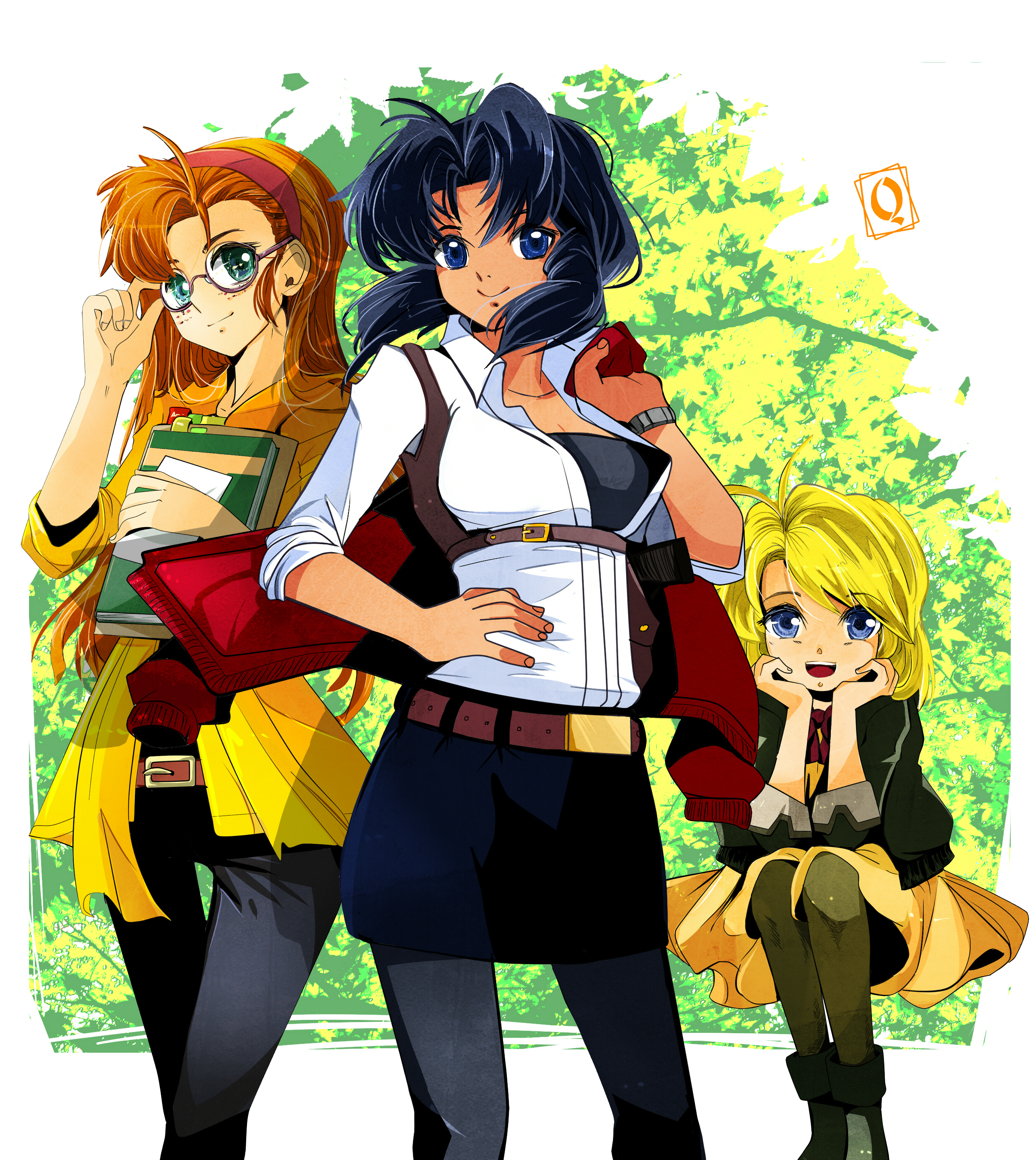 1990s_(style) 3girls absurdres becky_farrah black_hair black_legwear blonde_hair blue_eyes breasts brown_hair colorized dark-skinned_female dark_skin freckles glasses green_eyes gunsmith_cats hairband hand_on_own_hip head_rest highres holster jacket jacket_over_shoulder large_breasts long_hair minnie_may_hopkins multiple_girls notebook pants pantyhose qsan90 rally_vincent retro_artstyle semi-rimless_eyewear short_hair shoulder_holster sitting skirt sleeves_rolled_up smile under-rim_eyewear unworn_jacket