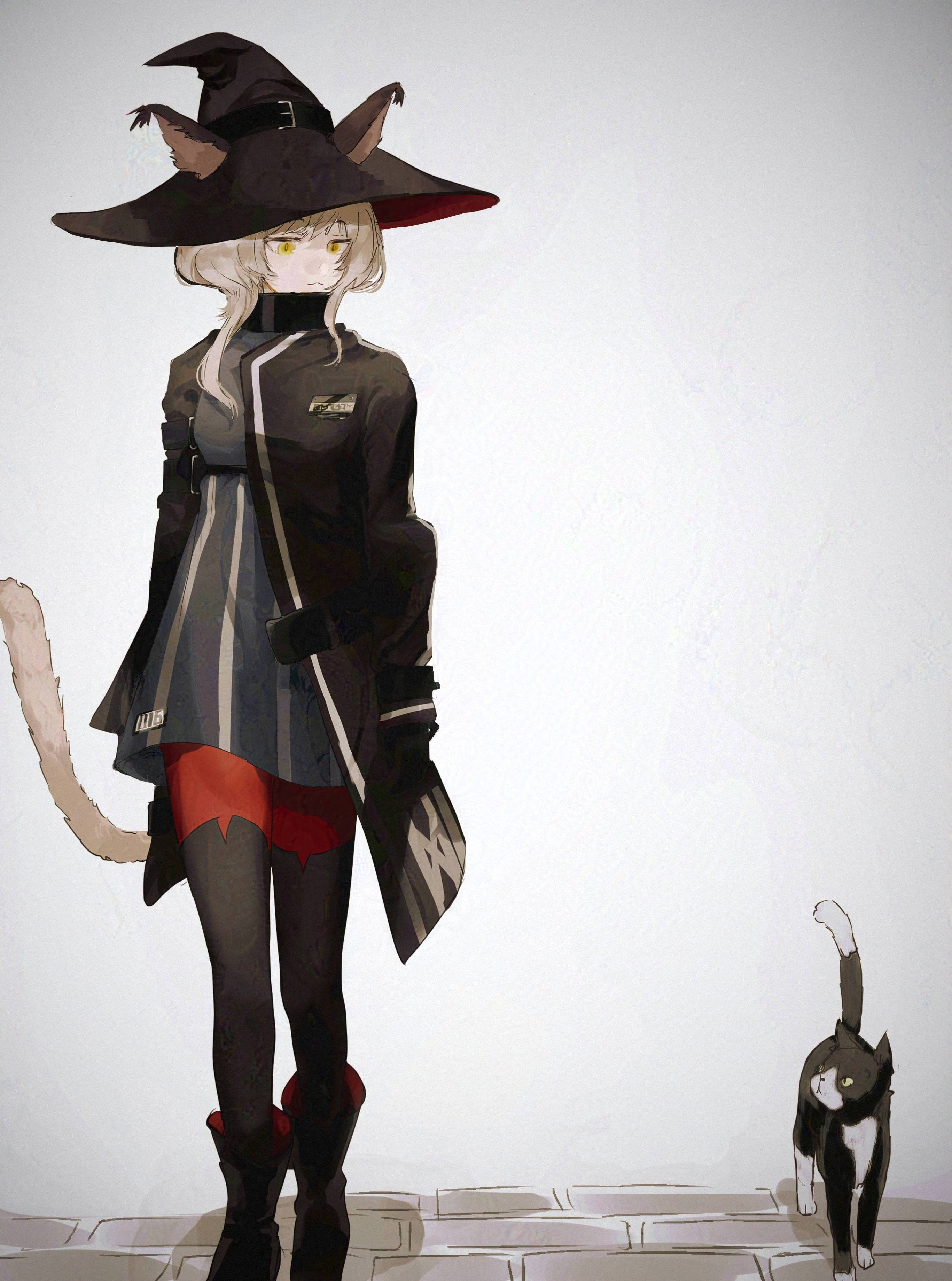 1girl absurdres animal animal_ears arknights black_dress black_hat black_jacket black_thighhighs cat cat_ears cat_girl cat_tail commentary dress grey_hair hands_in_pockets hat haze_(arknights) highres iii37998258 jacket pointy_hat tail thighhighs walking