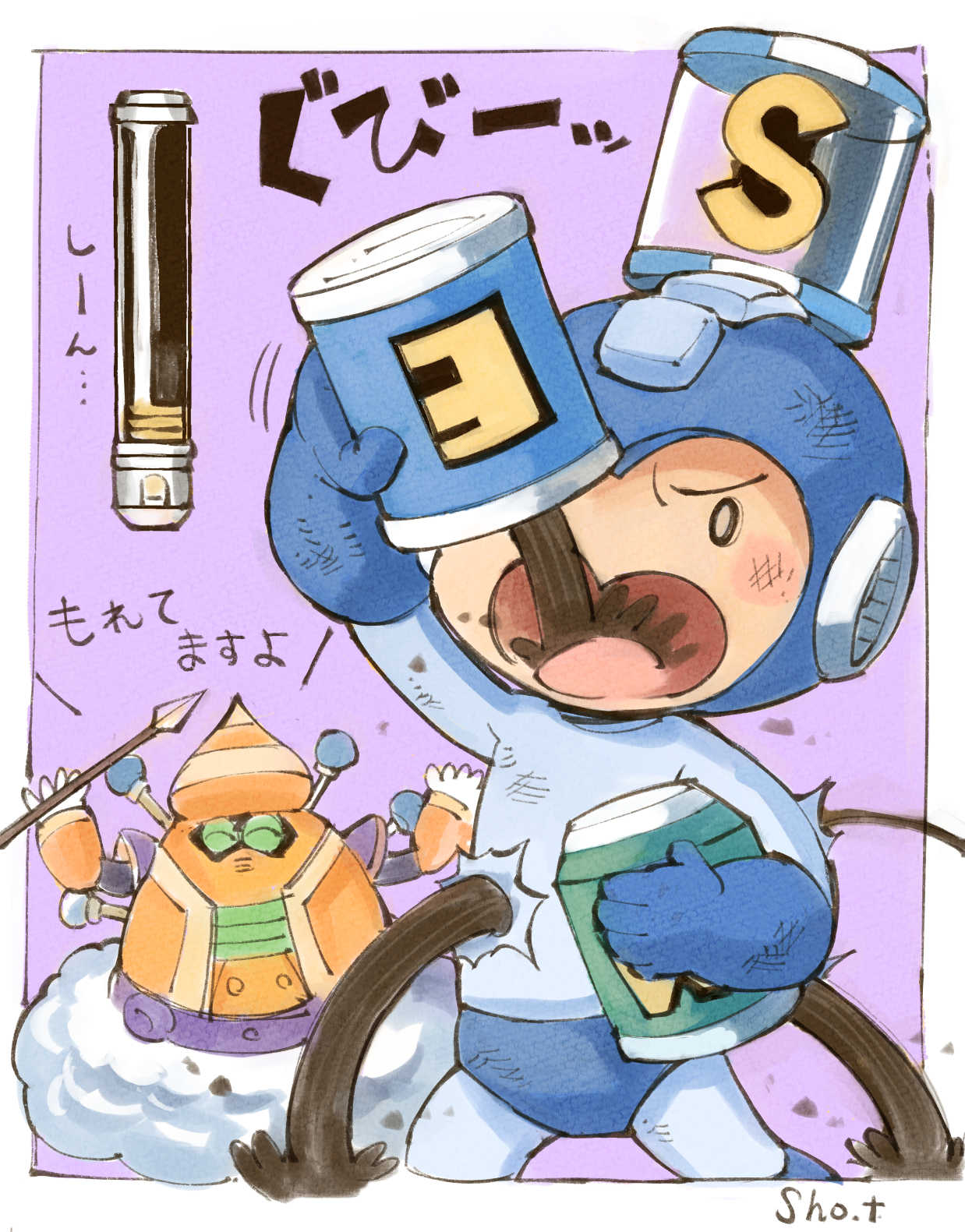2boys android artist_name blush border cloud cloud_man energy_tank helmet highres holding male_focus multiple_boys oil open_mouth purple_background robot mega_man_(series) mega_man_(character) mega_man_(classic) mega_man_7 sho.t simple_background white_border
