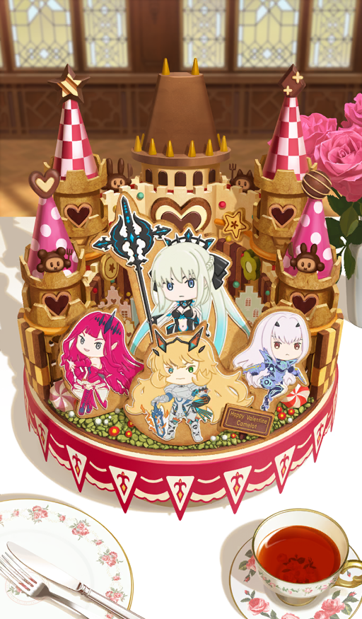 akitaken_(non_faciem) baobhan_sith_(fate) barghest_(fate) castle character-themed_food commentary cup dessert drink english_text faerie_knights_(fate) fate/grand_order fate_(series) flower food food_art food_focus fork happy_valentine knife melusine_(fate) morgan_le_fay_(fate) no_humans official_art pink_flower pink_rose plate rose saucer still_life tea teacup third-party_source vase