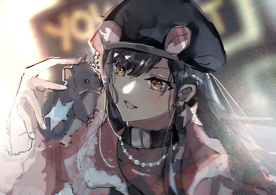 1girl animal_ears awakening_beat_(project_sekai) beret black_choker black_hair black_hat choker fingernails hamster_ears hat jacket jewelry long_hair long_sleeves necklace open_mouth pink_jacket project_sekai pyongtaro shiraishi_an smile solo upper_body very_long_hair yellow_eyes