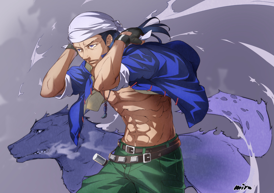 1boy arms_behind_head bandeau belt belt_buckle black_gloves black_hair blue_shirt buckle chinese_clothes fingerless_gloves gloves green_pants grey_background jewelry long_hair miyo_(13th_floor) muscular muscular_male necklace open_clothes open_shirt pants pectorals purple_eyes ren_wu_ying sega serious shenmue shenmue_ii shirt signature sleeves_rolled_up studded_belt tooth_necklace tying white_bandeau wolf