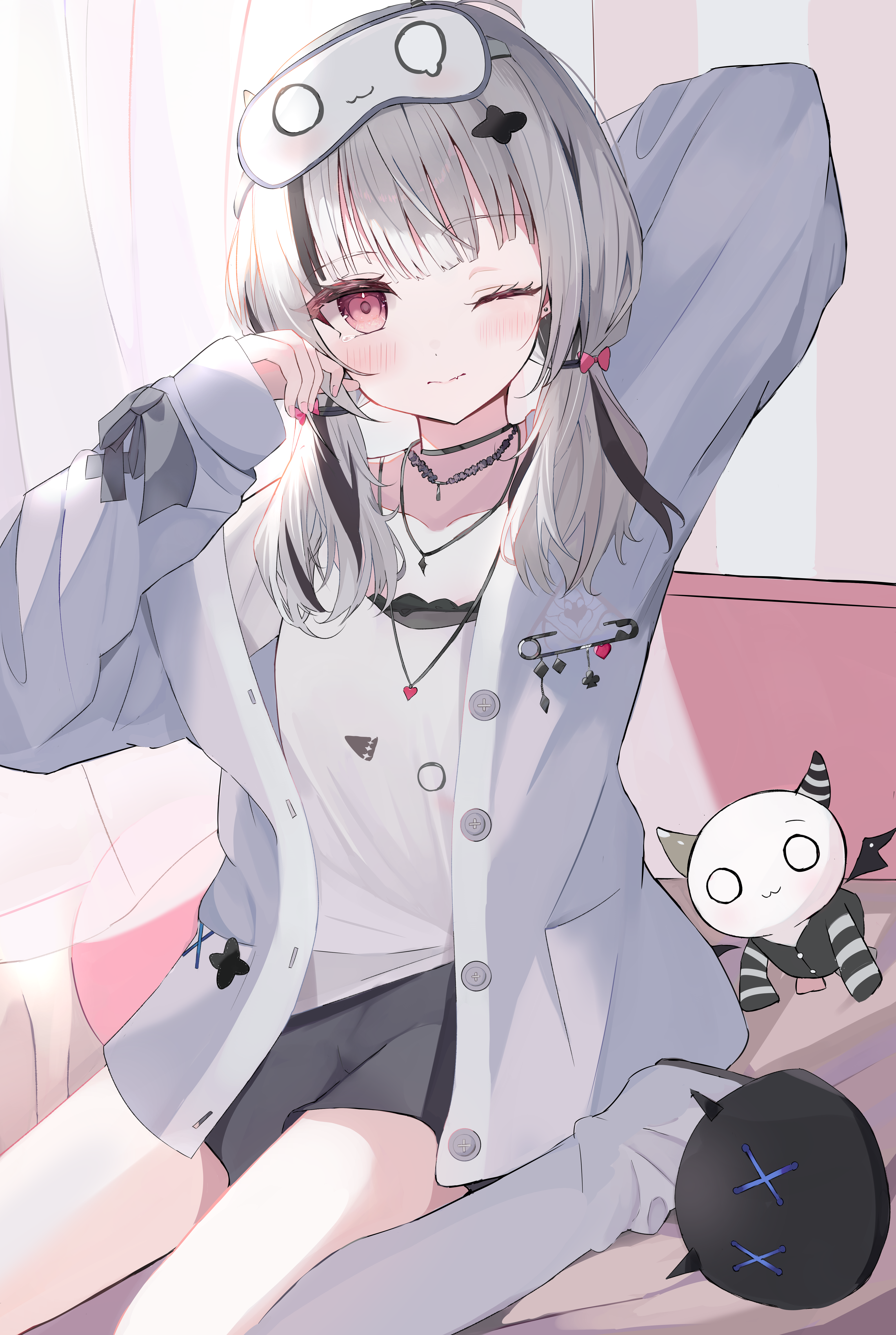1girl absurdres arm_behind_head arm_up asumi_sena black_hair black_shorts black_slippers closed_mouth flowle_ow0 grey_hair hand_up highres indoors jacket jewelry kneeling long_sleeves looking_at_viewer multicolored_hair necklace on_bed one_eye_closed open_clothes open_jacket pink_eyes shirt shorts single_thighhigh slippers solo streaked_hair tearing_up thighhighs virtual_youtuber vspo! white_shirt white_thighhighs