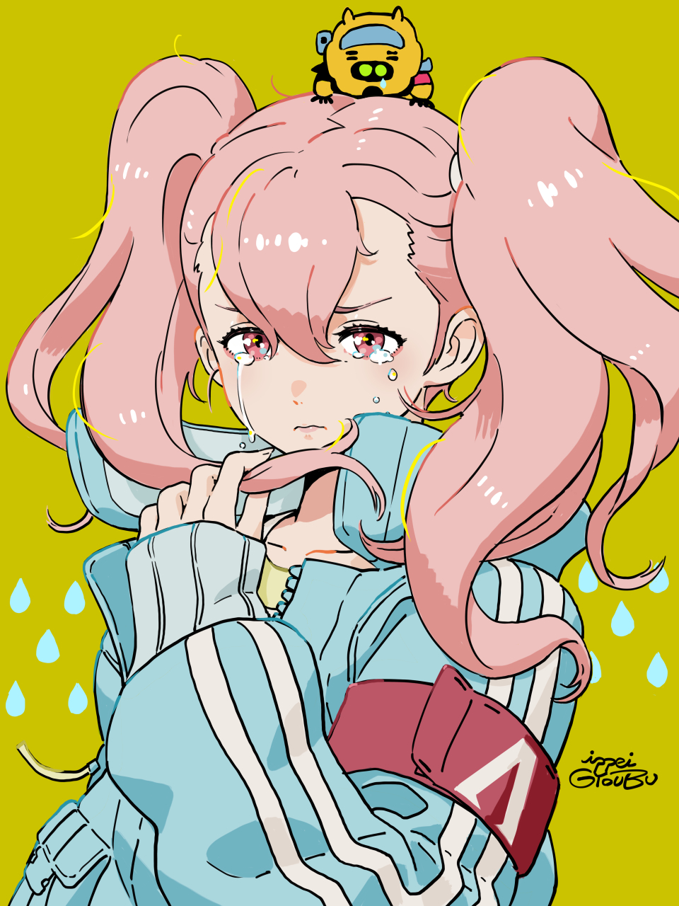 1girl armband chibi crying crying_with_eyes_open ellie_(synduality) frown gyoubu_ippei hair_behind_ear hair_between_eyes highres holding holding_own_hair jacket leah_lid long_hair mecha on_head pink_hair robot shirt synduality synduality_noir teardrop tears track_jacket twintails v-shaped_eyebrows yellow_background yellow_shirt