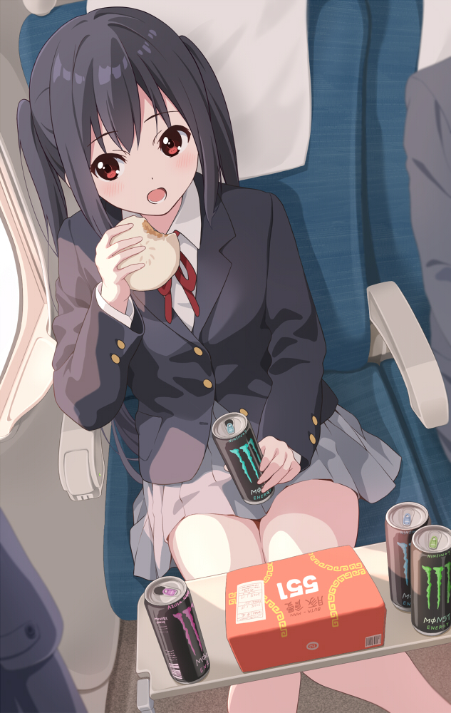 1girl 1other airplane_interior black_hair blazer blue_skirt box brown_eyes can collared_shirt commentary_request drink_can eating energy_drink food grey_skirt holding holding_food jacket k-on! long_hair long_sleeves lower_teeth_only monster_energy nakano_azusa neck_ribbon open_mouth pleated_skirt ribbon sakuragaoka_high_school_uniform sawanatsu_mikan school_uniform shirt sitting skirt soda_can solo_focus teeth thighs tongue twintails white_shirt window winter_uniform